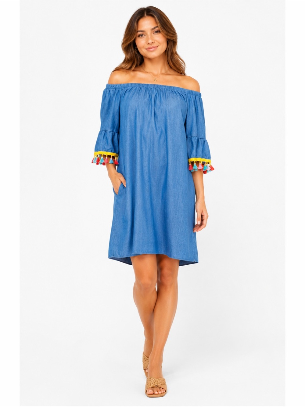 See You Monday | Chambray Denim Off Shoulder Rainbow Tassels Tunic Mini Dress